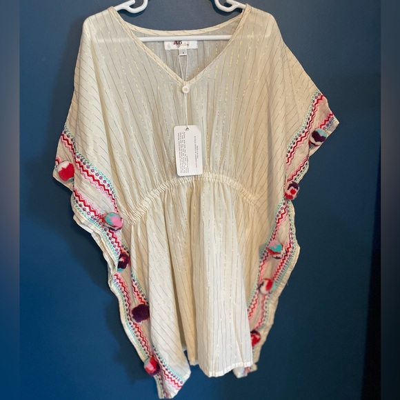 AMERICA & BEYOND ZEPHYR DETAIL DETAIL COVER-UP, BEIGE/GOLD STRIPE Girls size S - Picture 3 of 7
